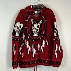 Yari Artesanias Mens Small Wolf Husky Dream Catcher Red Wool Hoodie Full Zip